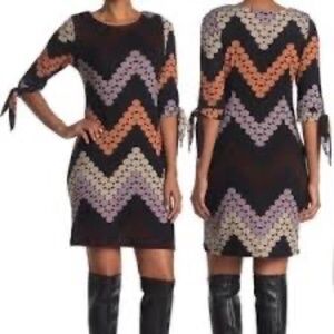 Papillon Blanc, Colorful Zig Zag Dotted 3/4 Tie Sleeve Dress, XL